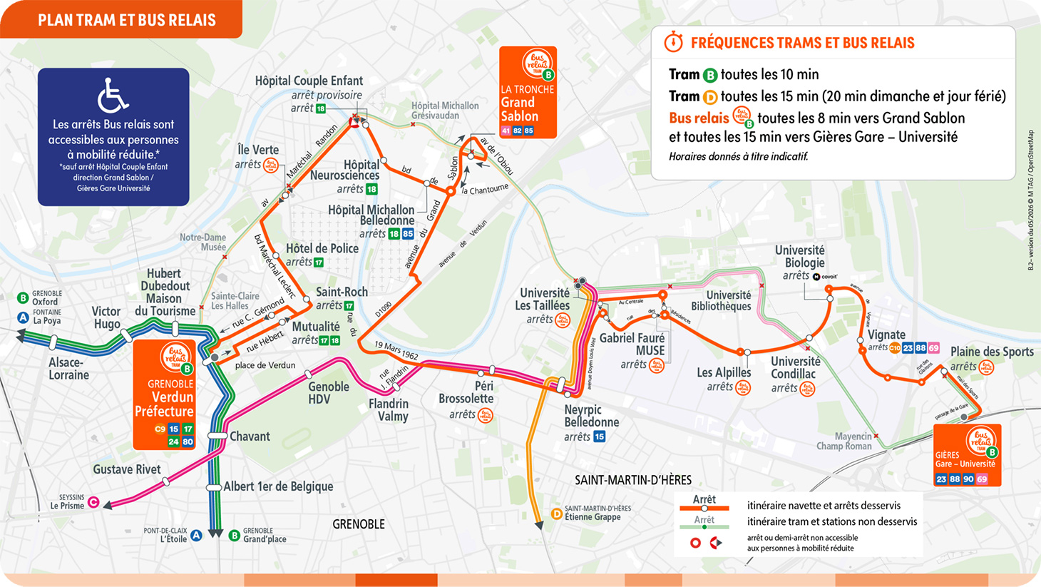 Plan des lignes de tram et des bus relais - Eté 2026